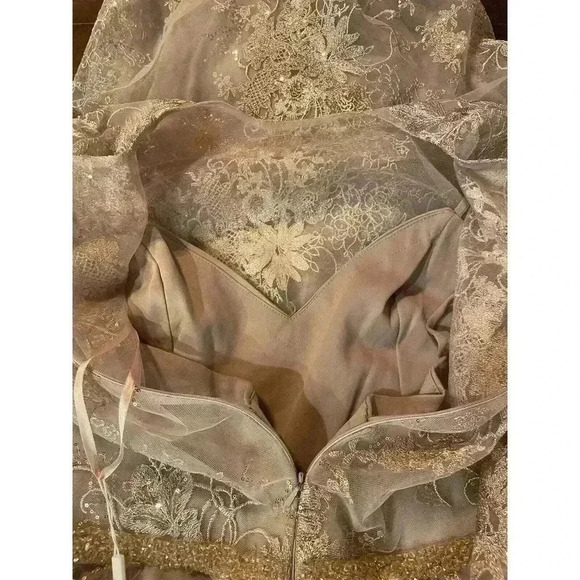 Mac Duggal Midi Dress 10 Beaded Crew Neck Illusion Long Sleeve Pink Rose $598 - Picture 14 of 16